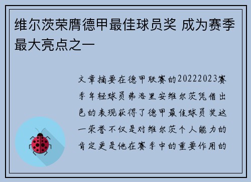 维尔茨荣膺德甲最佳球员奖 成为赛季最大亮点之一 维尔茨荣膺德甲最佳球员奖 成为赛季最大亮点之一